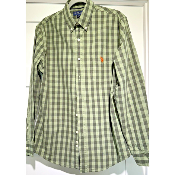 US POLO ASSN Men's Green Checkered Button Down Long Sleeve Shirt Size Medium - Picture 2 of 11